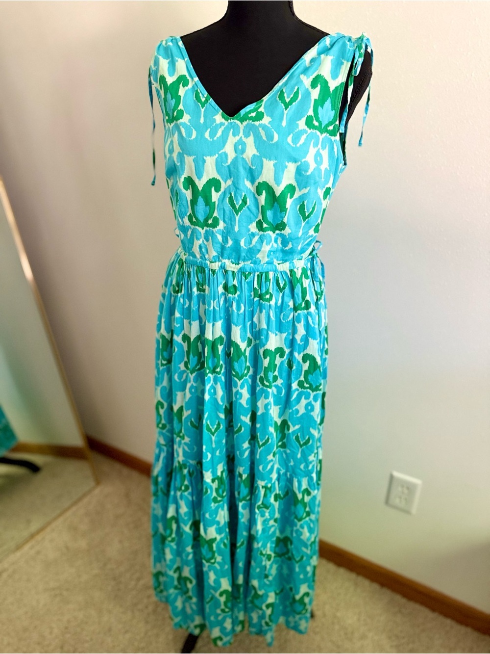 Talbots Blue Green Ikat Print Cotton Maxi Dress Size 4 - Picture 6 of 11